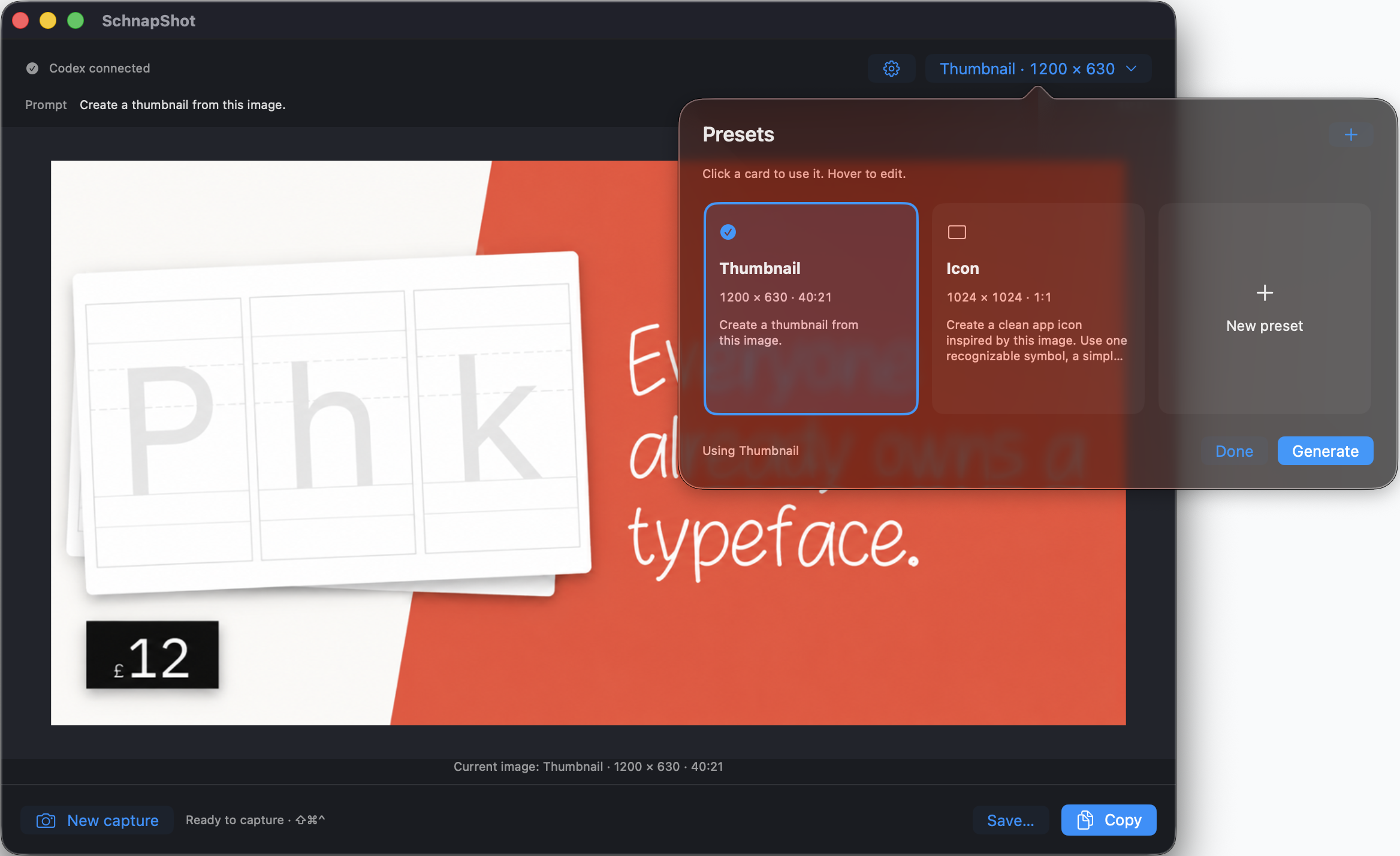 SchnapShot preset picker showing Thumbnail and Icon cards with sizes and prompts